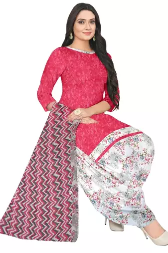 Unstitched printed crepe blend kurta & patiyala dress material with top, bottom & dupatta