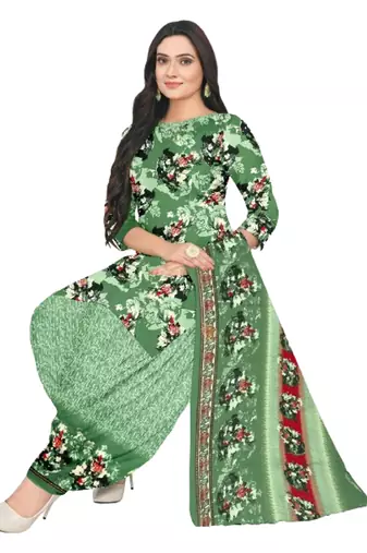 Unstitched printed crepe blend kurta & patiyala dress material with top, bottom & dupatta