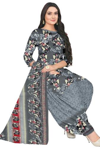 Unstitched printed crepe blend kurta & patiyala dress material with top, bottom & dupatta