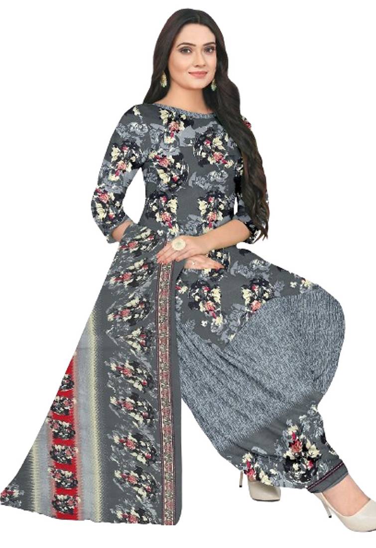 Unstitched printed crepe blend kurta & patiyala dress material with top, bottom & dupatta