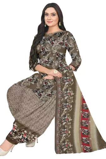 Unstitched printed crepe blend kurta & patiyala dress material with top, bottom & dupatta