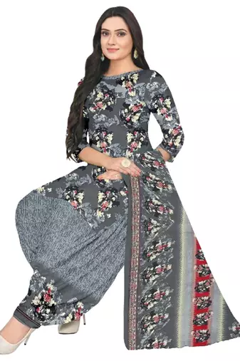 Unstitched printed crepe blend kurta & patiyala dress material with top, bottom & dupatta