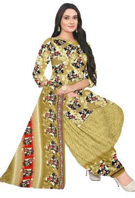 Unstitched printed crepe blend kurta & patiyala dress material with top, bottom & dupatta 1
