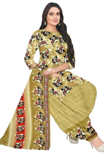 Unstitched printed crepe blend kurta & patiyala dress material with top, bottom & dupatta