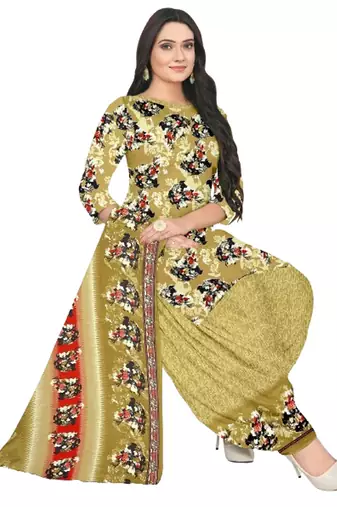 Unstitched printed crepe blend kurta & patiyala dress material with top, bottom & dupatta