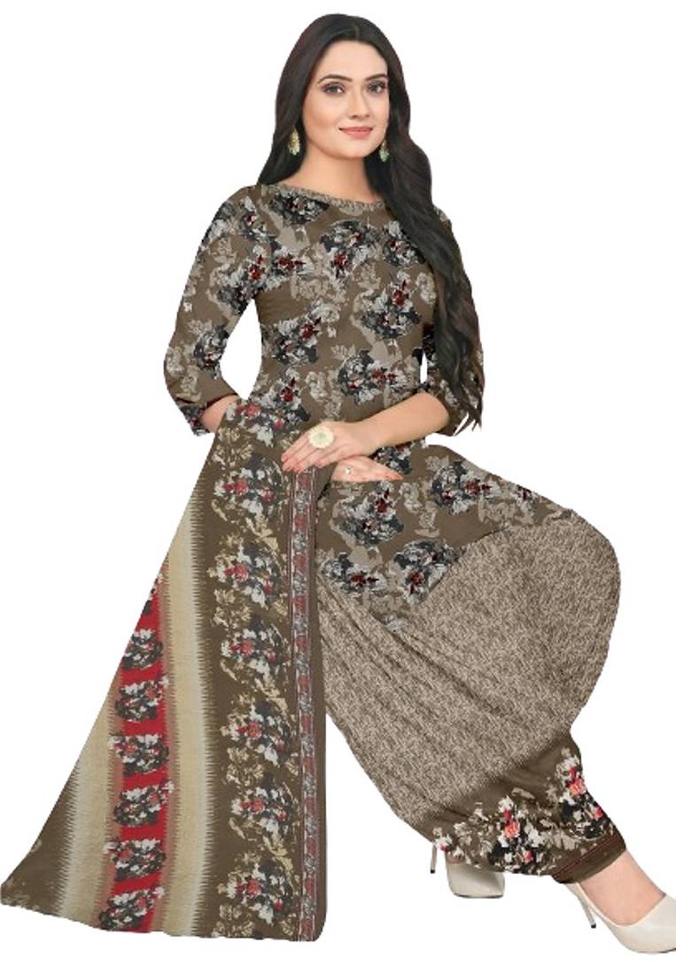 Unstitched printed crepe blend kurta & patiyala dress material with top, bottom & dupatta