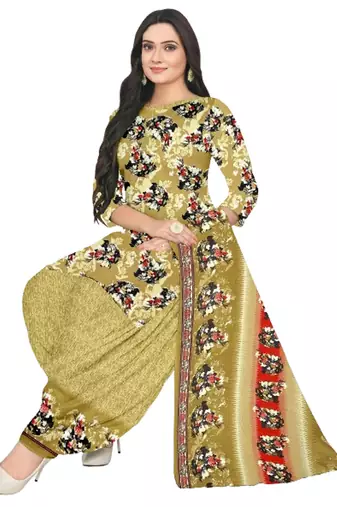 Unstitched printed crepe blend kurta & patiyala dress material with top, bottom & dupatta