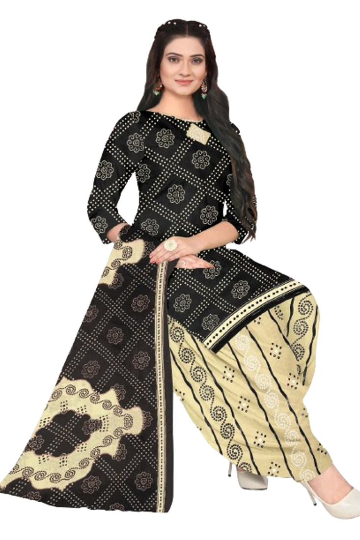 Unstitched printed crepe blend kurta & patiyala dress material with top, bottom & dupatta