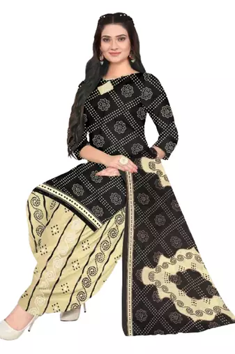 Unstitched printed crepe blend kurta & patiyala dress material with top, bottom & dupatta
