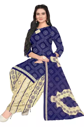 Unstitched printed crepe blend kurta & patiyala dress material with top, bottom & dupatta