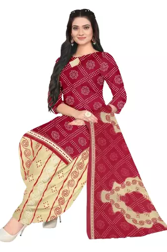 Unstitched printed crepe blend kurta & patiyala dress material with top, bottom & dupatta