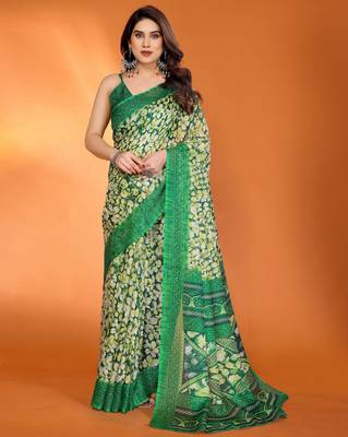green floral printed chiffon saree with rich border design 1