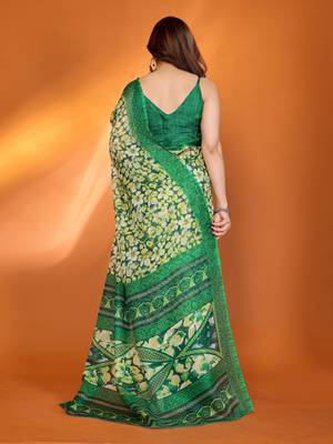 green floral printed chiffon saree with rich border design 2