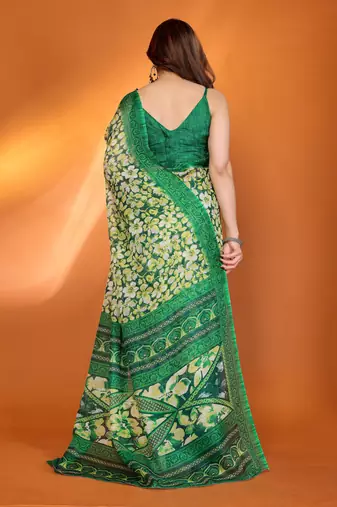 green floral printed chiffon saree with rich border design