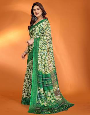green floral printed chiffon saree with rich border design 3