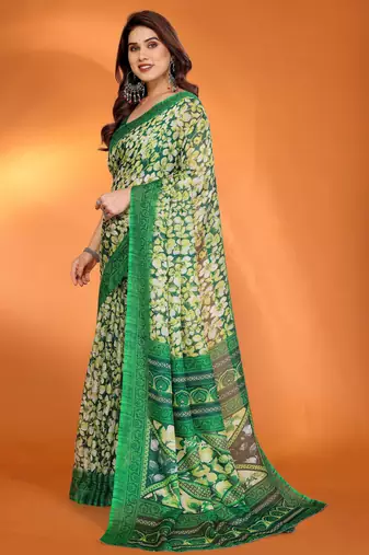 green floral printed chiffon saree with rich border design