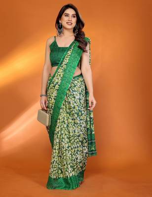 green floral printed chiffon saree with rich border design 4