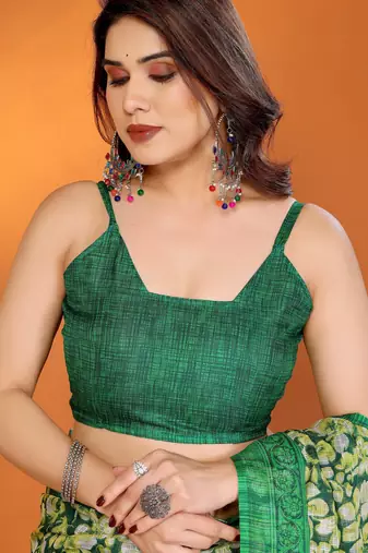 green floral printed chiffon saree with rich border design