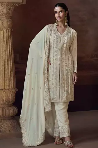 Off white chinon silk embroidered work suit