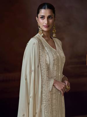 Off white chinon silk embroidered work suit 2
