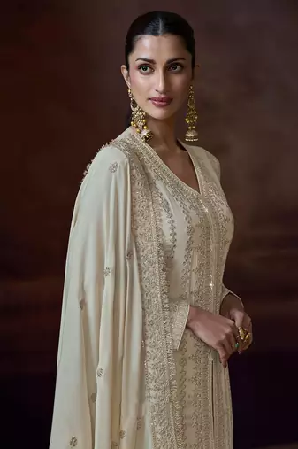 Off white chinon silk embroidered work suit