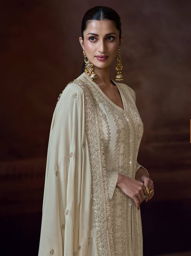 Off white chinon silk embroidered work suit