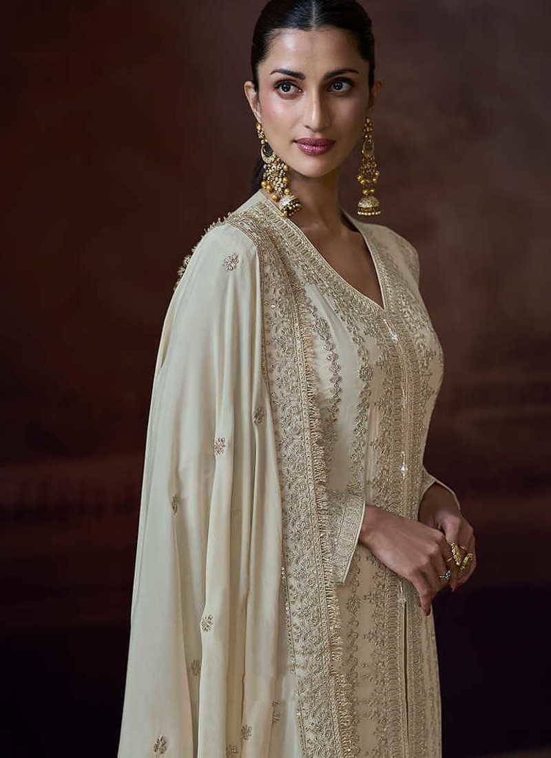 Off white chinon silk embroidered work suit