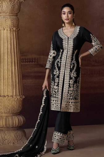 Black chinon silk embroidered work suit