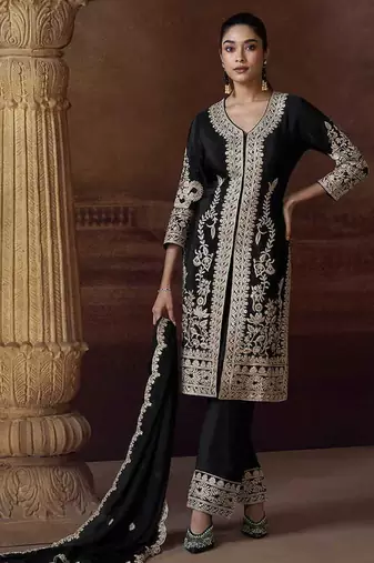 Black chinon silk embroidered work suit