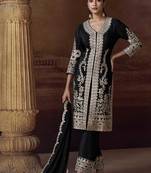 Black chinon silk embroidered work suit