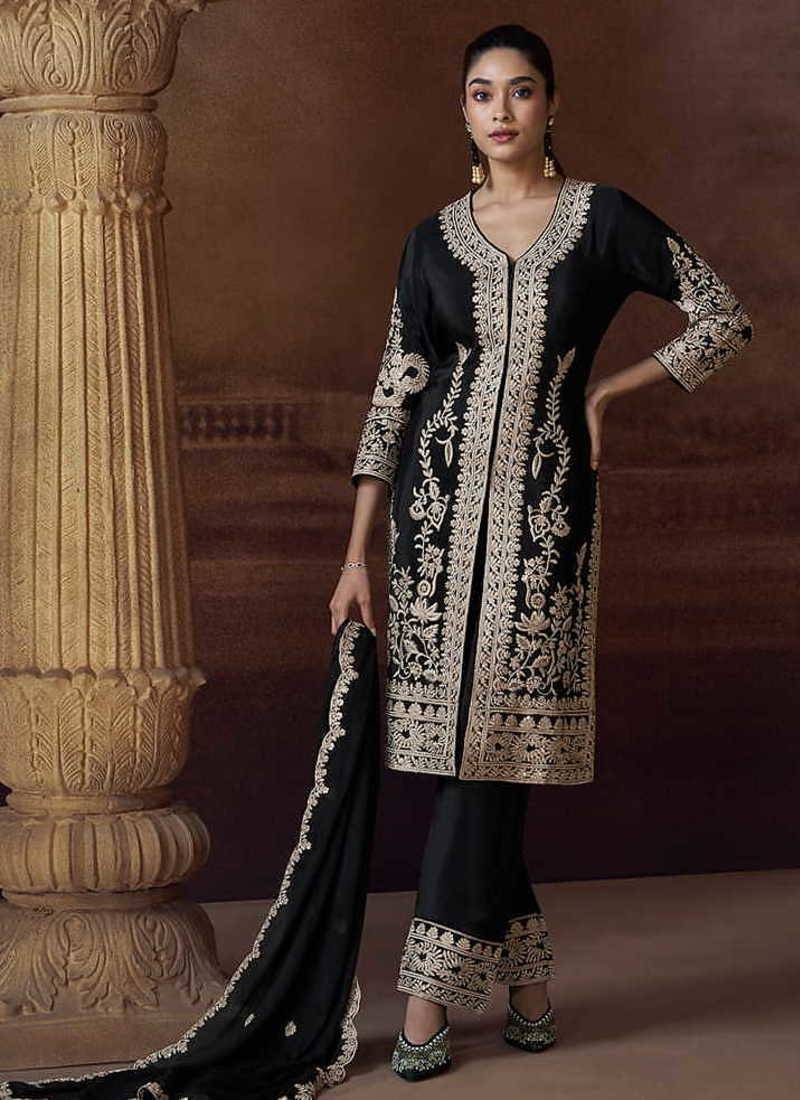 Black chinon silk embroidered work suit