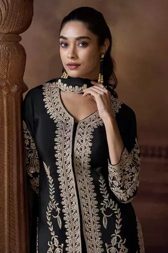 Black chinon silk embroidered work suit