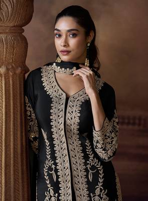 Black chinon silk embroidered work suit 4