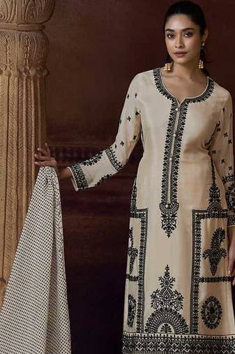 Cream chinon silk embroidered work suit