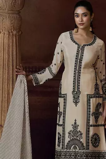 Cream chinon silk embroidered work suit