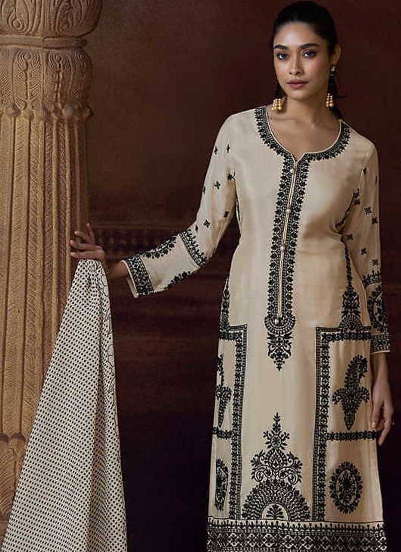 Cream chinon silk embroidered work suit