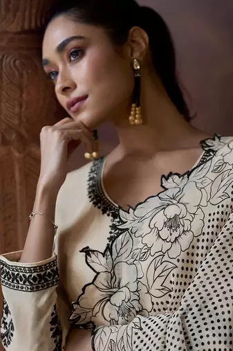Cream chinon silk embroidered work suit