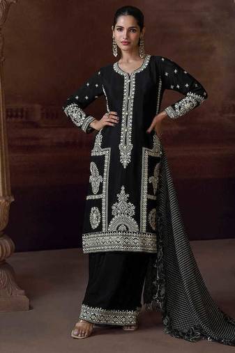 Black chinon silk embroidered work suit