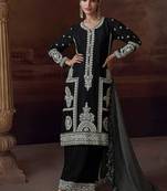 Black chinon silk embroidered work suit