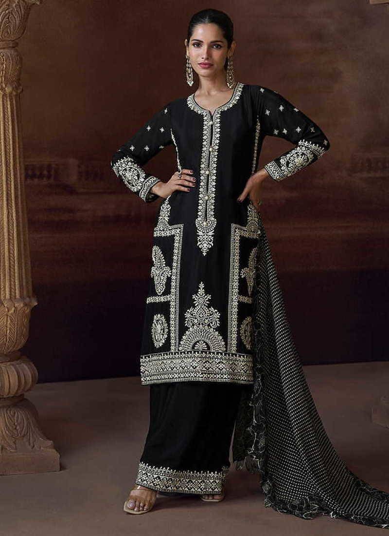Black chinon silk embroidered work suit