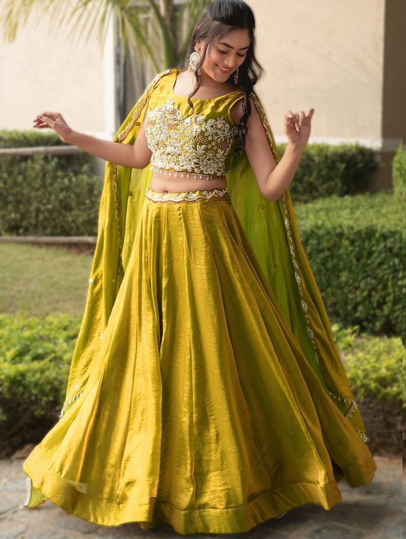 Olive Color Plain Flairy Lehenga Work Fendy Lehenga With Unstitched Blouse