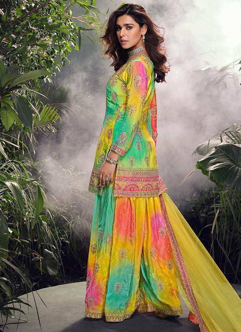 Multi chinon silk embroidered palazzo suit