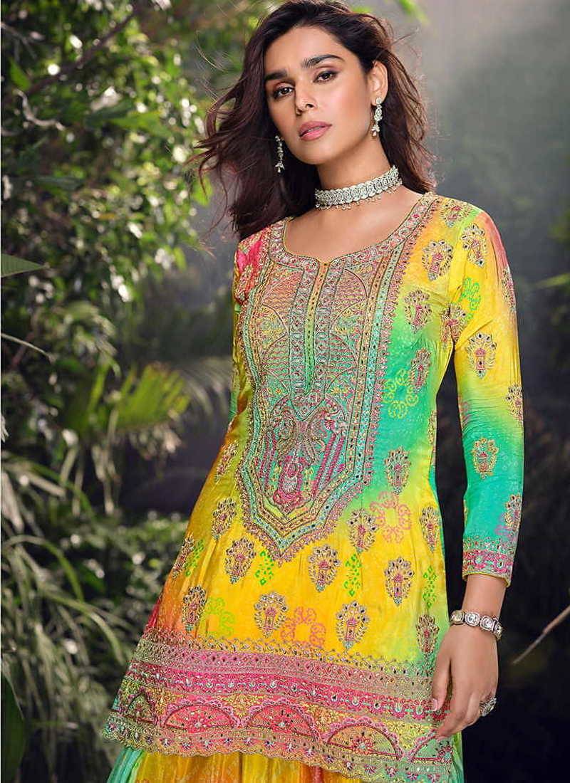 Multi chinon silk embroidered palazzo suit