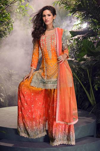 Multi chinon silk embroidered palazzo suit