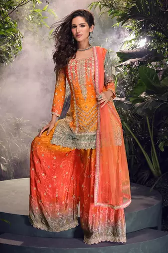 Multi chinon silk embroidered palazzo suit