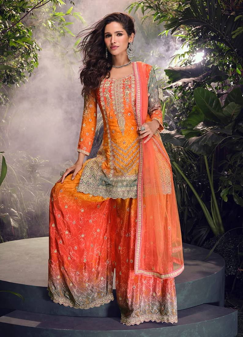 Multi chinon silk embroidered palazzo suit