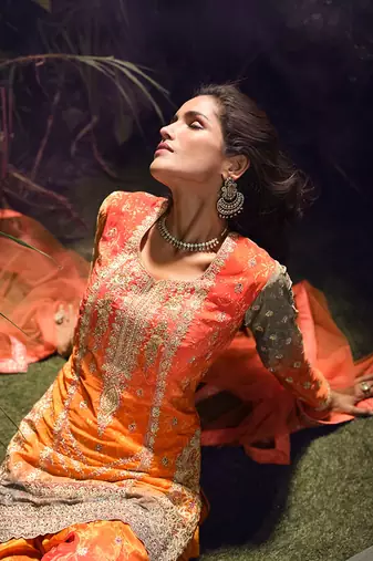 Multi chinon silk embroidered palazzo suit