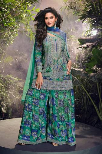 Teal and blue chinon silk embroidered palazzo suit