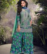 Teal and blue chinon silk embroidered palazzo suit