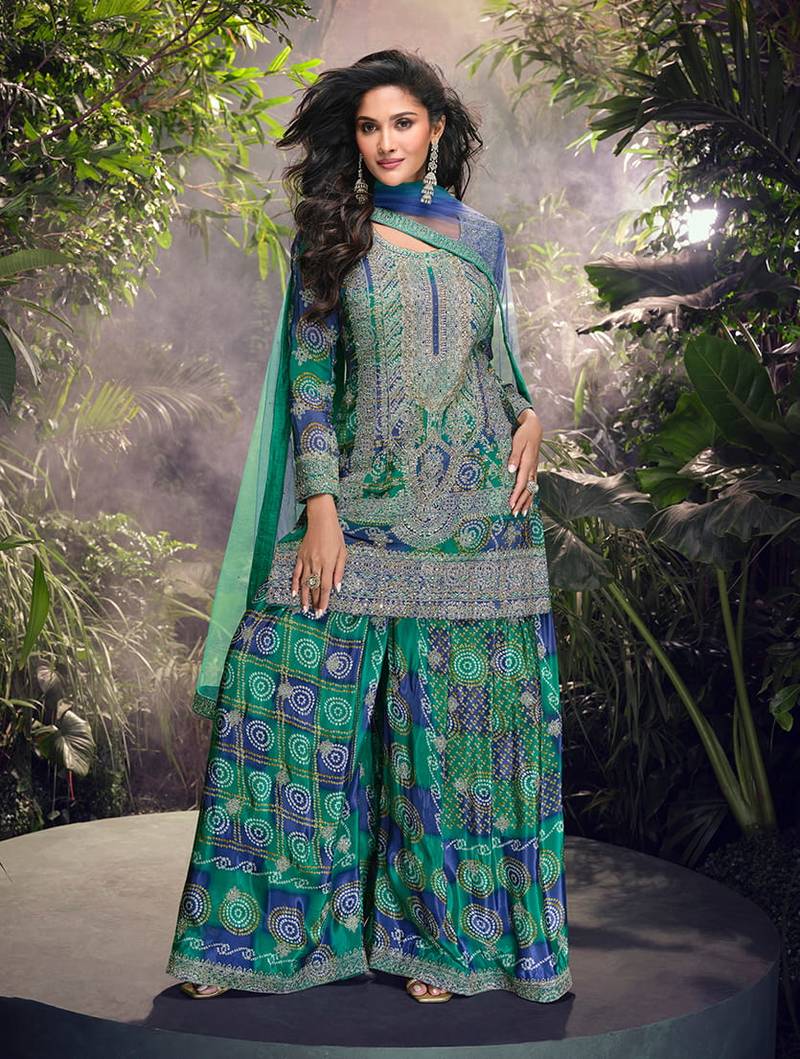 Teal and blue chinon silk embroidered palazzo suit
